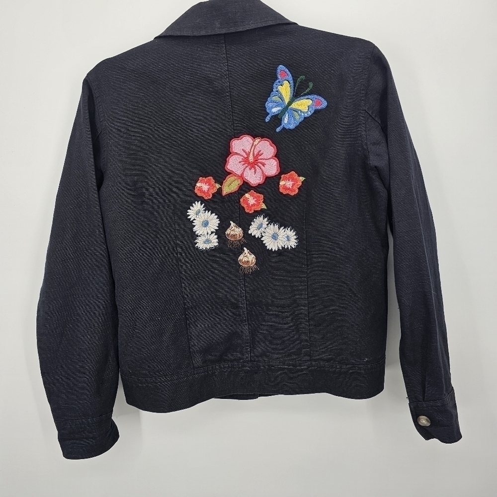 Talbots Black Jean Jacket with Embroidered Butterfly & Floral Motifs